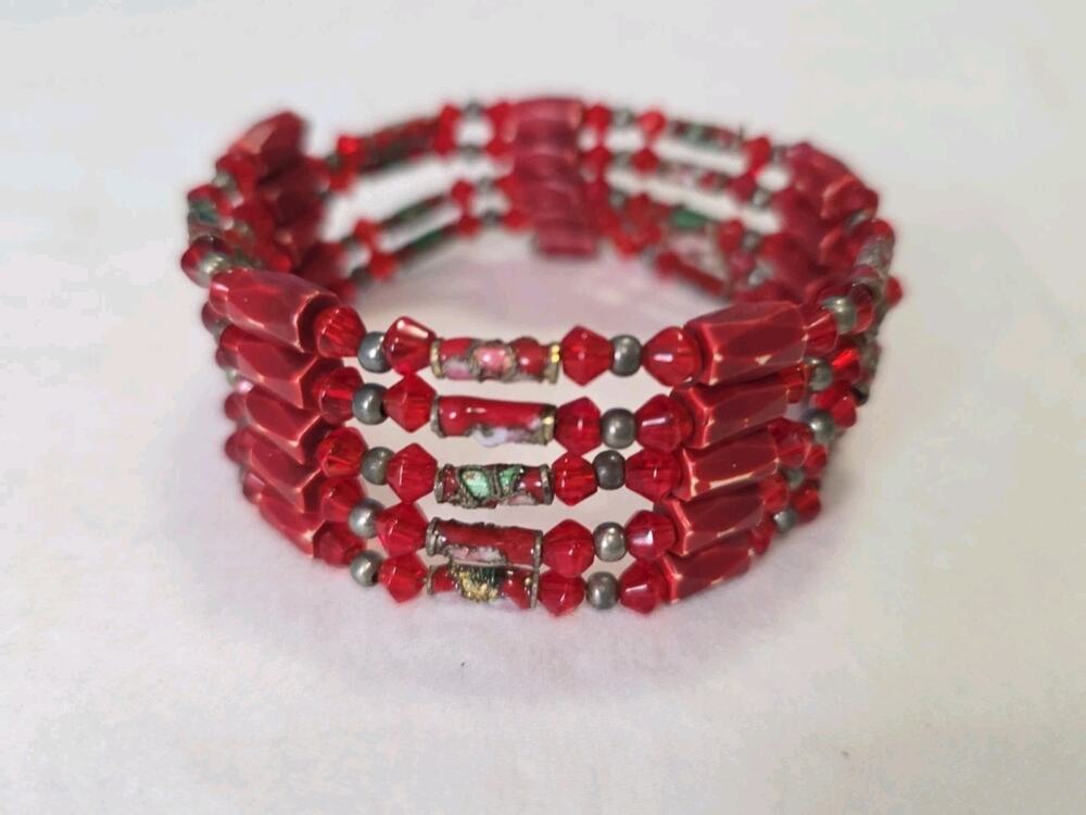 Magnetic Hematite Beads Wrap Around Bracelet Bright Red With Cloisonne Accents